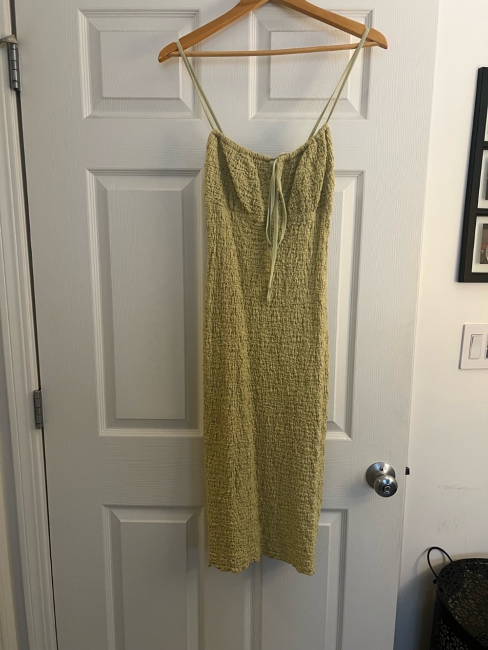 Sage Green Textured Spaghetti-Strap Midi Dress with Tie-Front